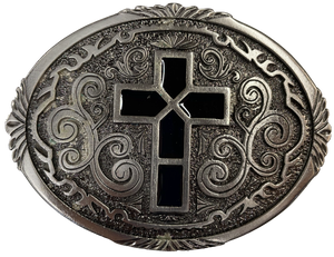 Pewter belt buckle that may be attached to your belt.  It has a western style oval shape with Black epoxy inlay cross in the center. Fits 1 1/2" belts, Size 3-1/2" x 2-3/4. Available in our shop just outside Nashville in Smyrna, TN.