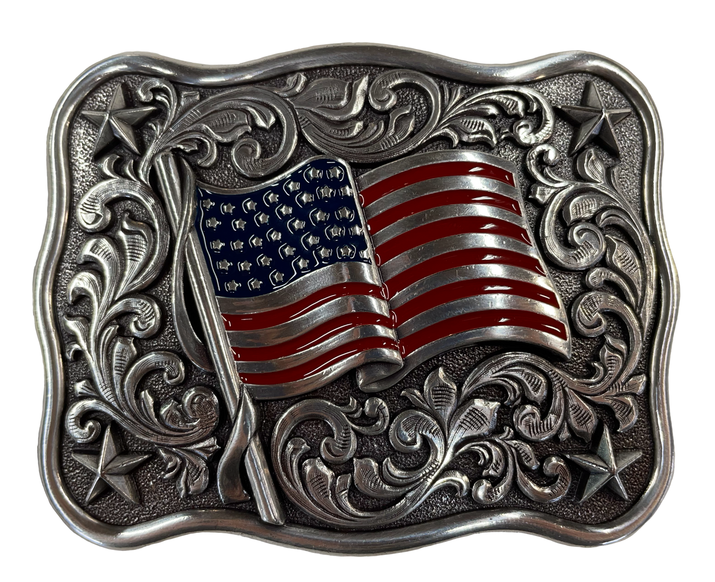 Nocona belt buckle Western style with Flying American Flag pictured Dimensions are 3" tall by 3 3/4" wide Add a patriotic look to your style! Available online and at our shop just outside Nashville in Smyrna, TN