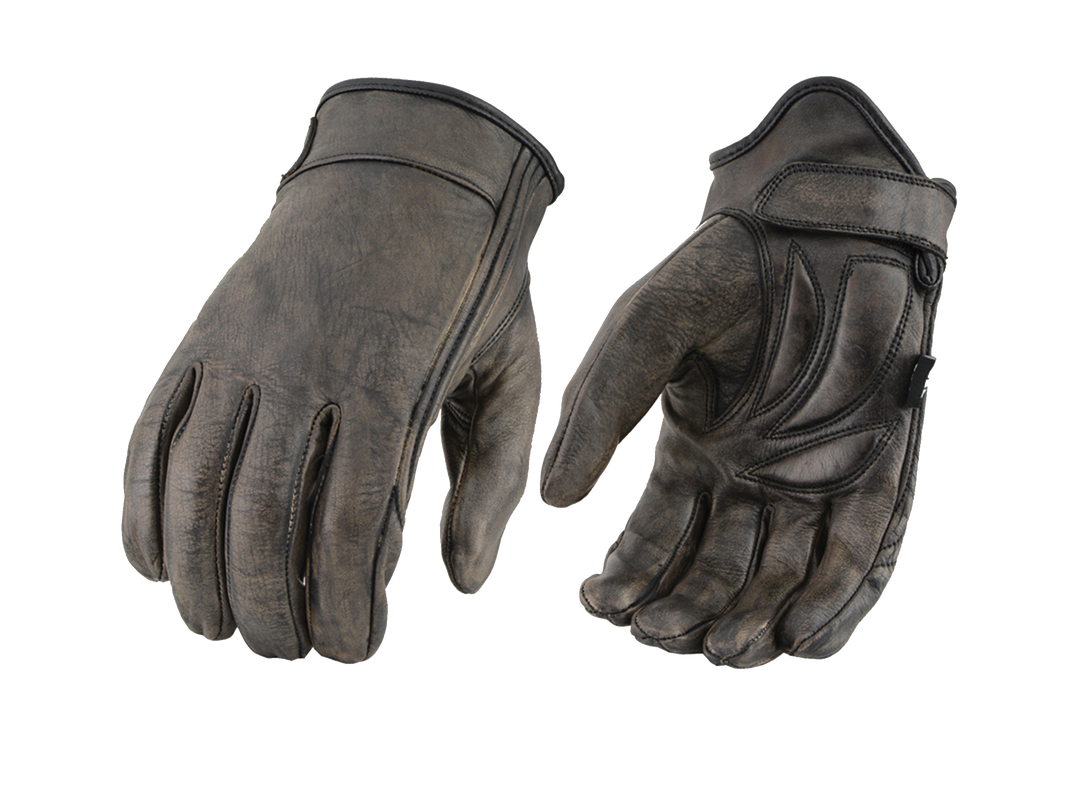 Made of Full Panel Premium Distressed Brown Cowhide Leather motorcycle riding gloves. Lightly Lined for Comfort and Protection. Gel Palm Application Increases Comfort and Provides a Better Riding Experience (Less Vibration and Comfort While Riding) with Stretch Side. They are available in our shop just outside Nashville in Smyrna, TN. They are available in Unisex sizing XS-5X.
