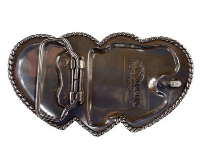 Popular Nocona Three Hearts Buckle in Blazin Roxx collection Dimensions are 1 1/2" tall by 4 1/4" wide Engraved scroll design on hearts with edges lined in rhinestones Sold online and in our shop in Smyrna, TN, just outside of Nashville. back view