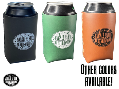 Great for soda, and your favorite canned beverages, our Buckle and Hide leather like neoprene koozies will keep your hands warm and dry while your drinks maintain a cold temperature. Made with the well-known wetsuit material, these can coolers feature 3mm walls, fit up to 12 oz. cans, sewn together for a secure hold, completely foldable and collapsible,  A favorite among our customers! Choose from Black, Green, or Tan. 