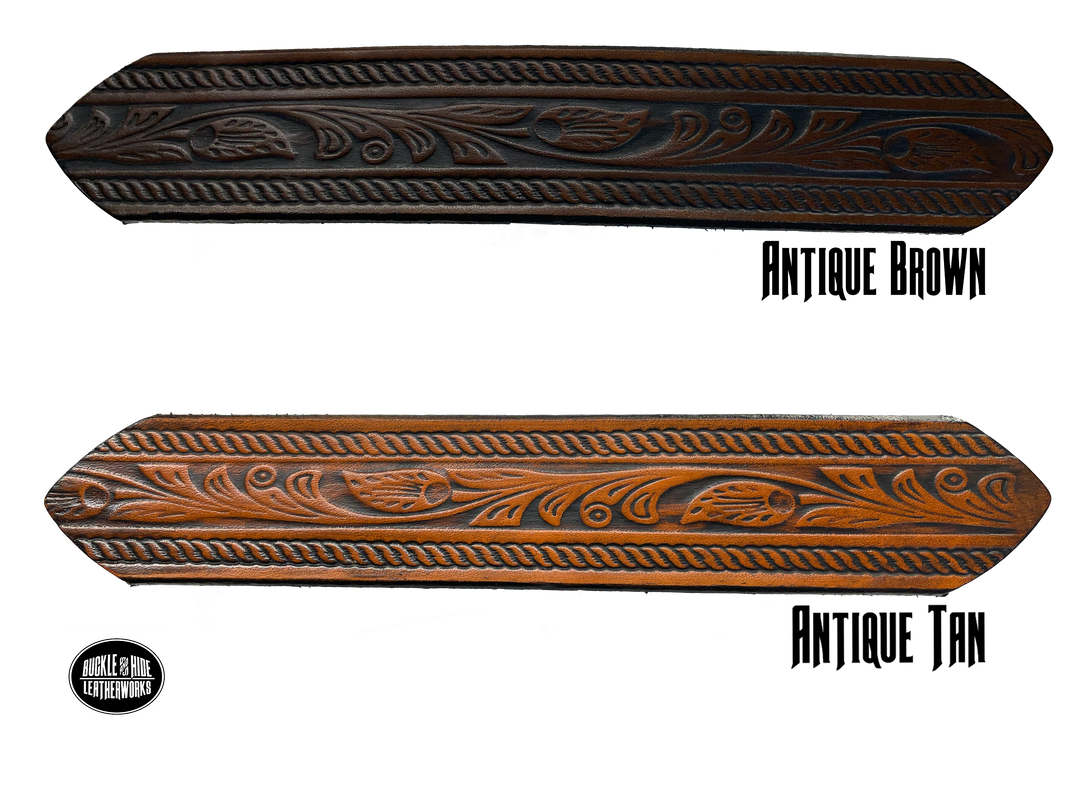 Full grain American vegetable tanned cowhide approx. 1/8"thick. Width 1 1/2" and includes Antique Nickle plated Solid Brass buckle Hand Finished in 3 color options Smooth burnished painted edges Choose with or without name, if without name, design will cover entire length of belt For name Type name desired on belt in "Type Name Here" section, no more than 8 letters maximum Buckle snaps in place for easy changing if desired Made in our Smyrna, TN, USA shop