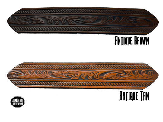 Full grain American vegetable tanned cowhide approx. 1/8"thick. Width 1 1/2" and includes Antique Nickle plated Solid Brass buckle Hand Finished in 3 color options Smooth burnished painted edges Choose with or without name, if without name, design will cover entire length of belt For name Type name desired on belt in "Type Name Here" section, no more than 8 letters maximum Buckle snaps in place for easy changing if desired Made in our Smyrna, TN, USA shop