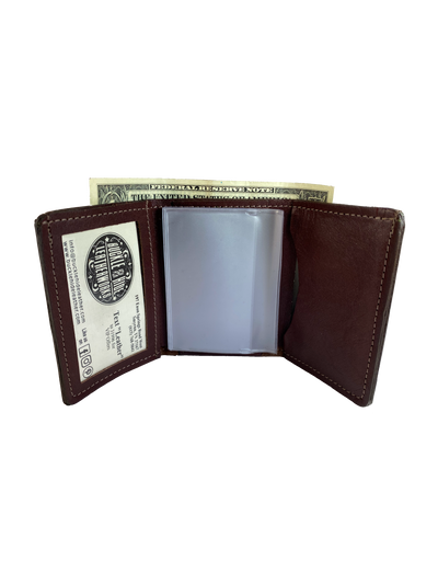 ALL Leather Tri-fold wallet with one card pocket, one ID pocket, one photo sleeve, and 1 cash slot. ALL LEATHER wallets are different than mass produced types. They are thicker due to the construction. More durable because it's ONLY leather and thread! Buckle and Hide approved! Sold at our shop in Smyrna, TN.