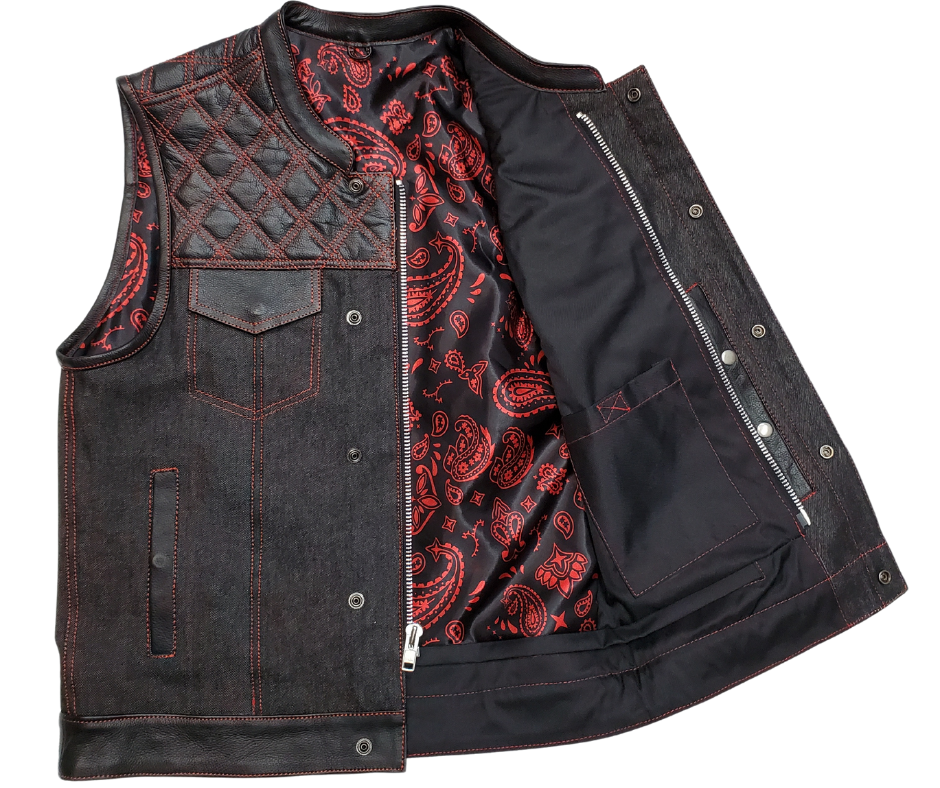 Premium Red/Black leather/denim club style vest with DIAMOND STITCHING. The lining is RED paisley pattern. Vest is made from premium naked cowhide leather and brushed black denim. It has a tab style collar and front snap closure. Available for purchase in our shop in Smyrna, TN outside of Nashville.  Available in sizes small through 5x.  It has 6 inside front pockets including a conceal carry pocket on each side. The front has upper flap closure pockets and lower front side zipper pockets.