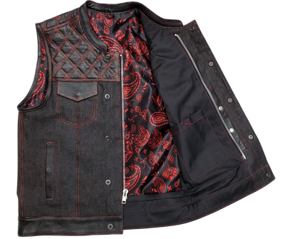Premium Red/Black leather/denim club style vest with DIAMOND STITCHING. The lining is RED paisley pattern. Vest is made from premium naked cowhide leather and brushed black denim. It has a tab style collar and front snap closure. Available for purchase in our shop in Smyrna, TN outside of Nashville.  Available in sizes small through 5x.  It has 6 inside front pockets including a conceal carry pocket on each side. The front has upper flap closure pockets and lower front side zipper pockets.