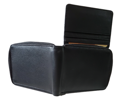 Hard to find ZIP AROUND Bi-fold in popular basic black with 9 card slots 2 underside pockets and I.D. flap PLUS divided cash pockets. Imported, Great Value, and Buckle and Hide approved!  