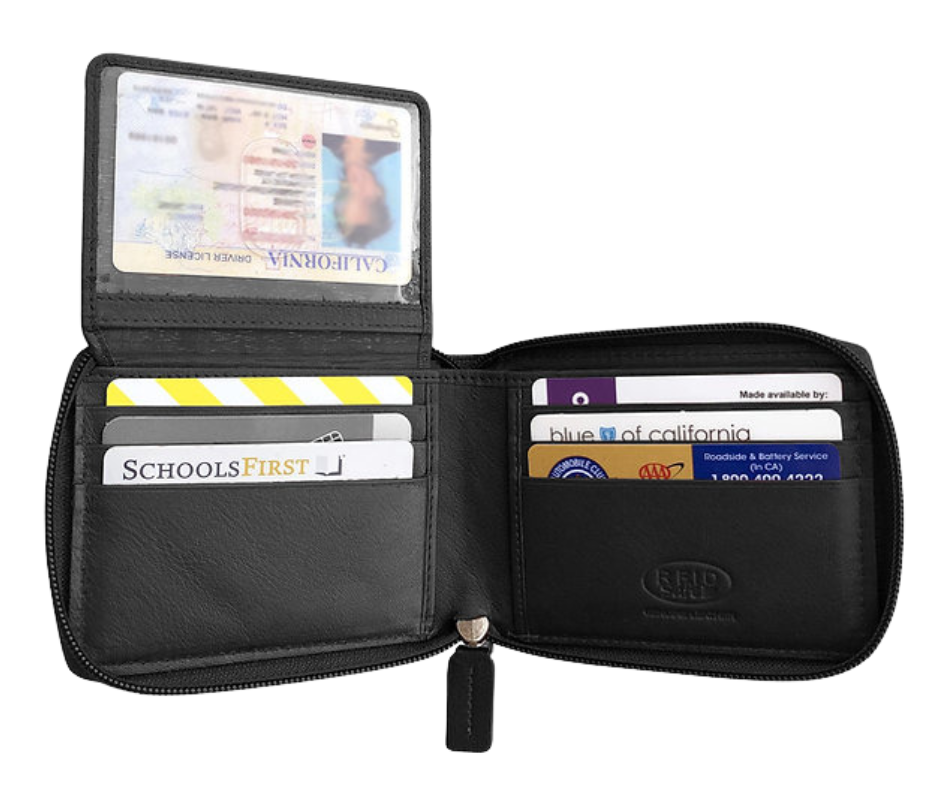 Hard to find ZIP AROUND Bi-fold in popular basic black with 9 card slots 2 underside pockets and I.D. flap PLUS divided cash pockets. Imported, Great Value, and Buckle and Hide approved!