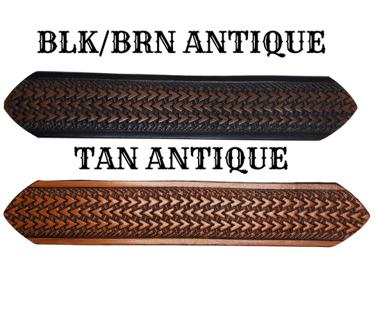 "The Wayfarer" is a handmade real leather belt made from a single strip of cowhide shoulder leather that is 8-10 oz. or approx. 1/8" thick. It has hand burnished (smoothed) edges and a Triple Arrow pattern. This belt is completely HAND dyed with a multi step finishing technic. The antique nickel plated solid brass buckle is snapped in place with heavy snaps.  This belt is made just outside Nashville in Smyrna, TN.