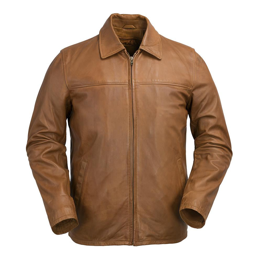 This fashion leather men's jacket from Whet Blu is a wardrobe staple. A sleek and simple zipped blazer with folded collar perfect for a casual day or an evening out. Naked cowhide leather. Classic fit. Full zip out liner. Two hand pockets. Clean by leather specialist. Lifetime Warranty on Hardware. Available in black and whiskey. Sizes S-5X. Online only. whiskey