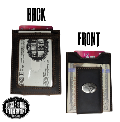 Brown distressed Wildlife money clip Features a I.D. pocket, and 2 card slots and a Magnetic cash holder Compact minimalist design  See our College Team version of Bi-fold, Trifolds Imported Sold online or in our retail shop in Smyrna, TN, just outside of Nashville.