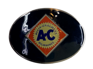 Fully Licensed Black Allis Chalmers Belt Buckle, oval shaped with classic logo in Orange and Beige. Size 3 3/4" wide x 2 3/4" height, Fits up to 1 1/2" wide belts. Available in our shop in Smyrna, TN just outside Nashville as well as from this online store.