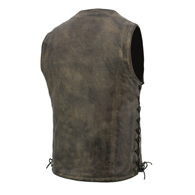 back view of Distressed brown premium cowhide leather riding vest with v-neck and snap front closure. It has side laces and lower front side pockets. It has 6 inside front pockets including conceal carry pockets on either side. The back is a solid panel.  Available in our shop in Smyrna, TN, just outside Nashville in sizes small to 5x
