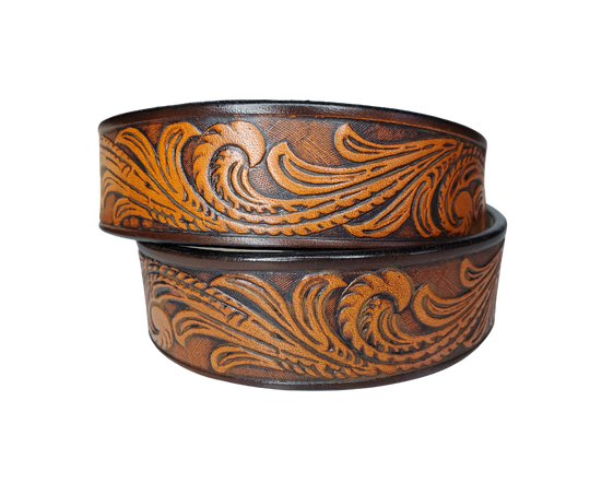 Our Lil Rustler is just like the Rustler for dad or mom. Full grain American vegetable tanned cowhide approx. 1/8"thick. Width is 1 1/4" and includes Antique Nickle plated Solid Brass buckle. We Hand Finished with a darker brown edge feathered into a tan center. Edges are smooth burnished painted edges. Made in our Smyrna, TN, USA shop.