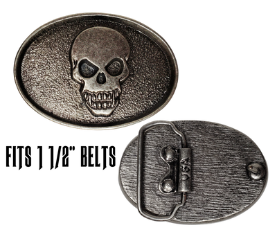 The Biker Skull Belt Buckle is an antique silver design that is sure to add a unique touch to any accessory. Crafted with a detailed skull head, this buckle is perfect for those looking for an edgy yet stylish addition to their wardrobe.  Pewter belt buckle that may be attached to your belt.  It has a oval shape that Fits 1 1/2" belts, Size approx. 3-1/2" x 2-3/4. Available in our shop just outside Nashville in Smyrna, TN.