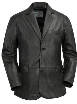 This modernly designed men's blazer jacket is crafted with timeless black buttery soft lambskin, allowing you to dress up for any special occasion or dressed down for a more casual look. It features two convenient pockets, and is available in stock at our Smyrna TN shop just a short drive from Nashville. This jacket offers an elegant and sophisticated style that is sure to make a statement.