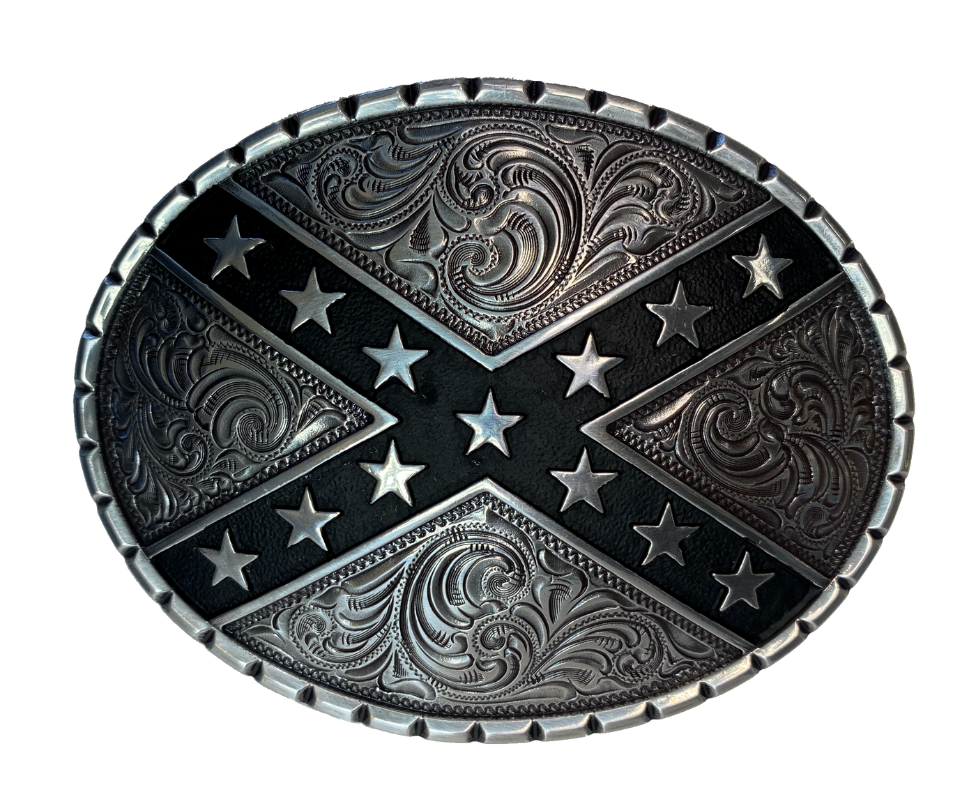 This antique silver buckle, with stars on black bars and set over an ornate western scroll background, has an oval shape that is comfortable for most body types. Fits up to 1  1/2" belts. Dimensions are approx. 3 1/4" tall x 4 1/4"wide. Available online and in our shop in Smyrna, TN, just outside of Nashville