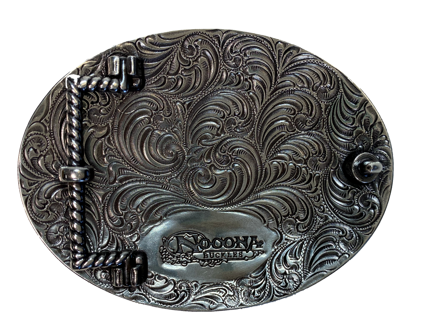 Antique silver with Black stars with a ornate western scroll in the background. Oval shape is good for most body types without digging in to your mid section. Fits up to 1  1/2" belts. Dimensions are approx. 3 1/4" tall x 4 1/4"wide.
