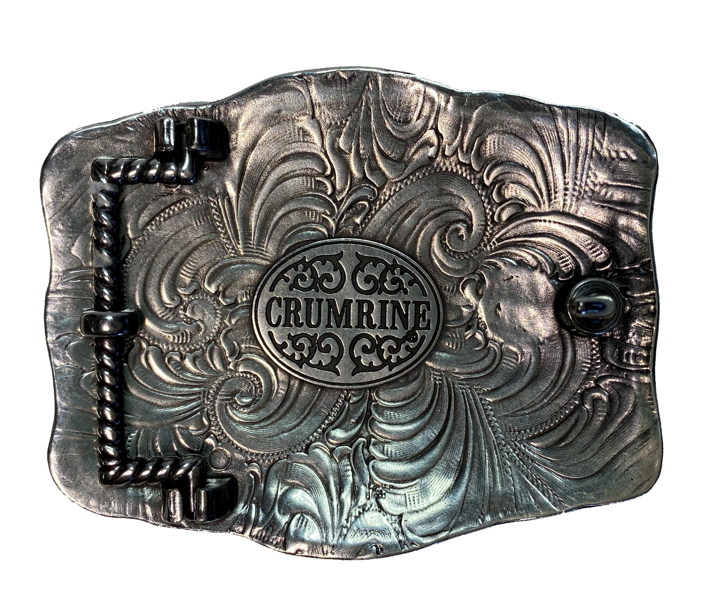 Crumrine buckle with Rope edging with Elk This buckle will look great with your favorite pair of jeans or dress pants.  Measures 2-3/4 x 3-1/2.  Available at our shop just outside Nashville in Smyrna, TN.