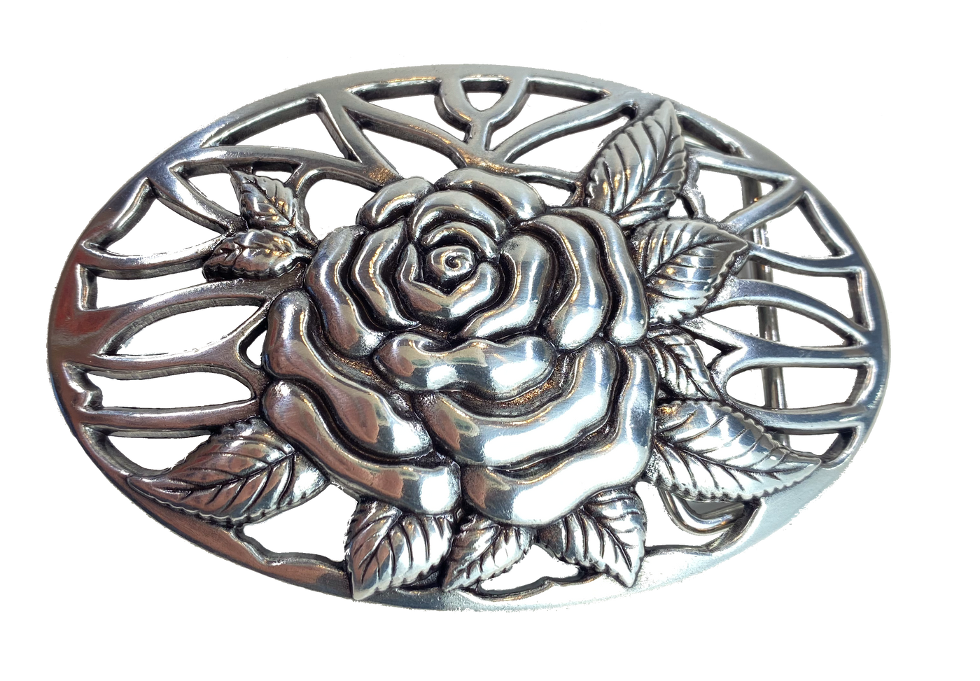 A Filigreed Rose design in Antique Nickel that looks great on plain 1 1/2" Black or Brown belt. A easy to wear oval shape that's not too big, measures approx. 3 7/8" wide by 2 1/2" tall. Imported
