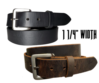 Our Kids/Youth Belt is available as a Combo or as just buy one! It's a great choice who just needs a simple belt for school or if you have you r own buckle already. We use the same Full grain Distressed Brown Water Buffalo or Black cowhide leather as our adult version. The width is 1 1/4" and the buckle snaps in place for easy changing if desired. Choose a Black or Distressed Brown Leather belt for the Combo. Made in our Smyrna, TN, USA shop.  NO names on this belt.    