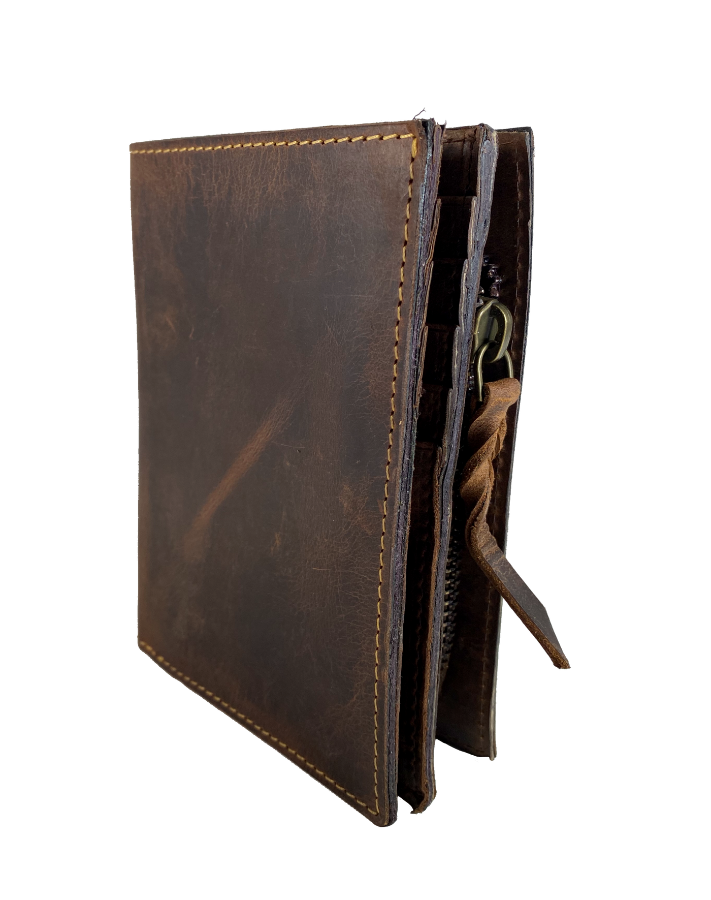 Popular Distressed Brown Multi Fold Wallet. 1 cash slot, 8 card slots, I.D. slot, zippered coin pocket for all your stash needs. Will darken with a nice patina with use. Imported and Buckle and Hide approved. Great for men or women with lots of cards.