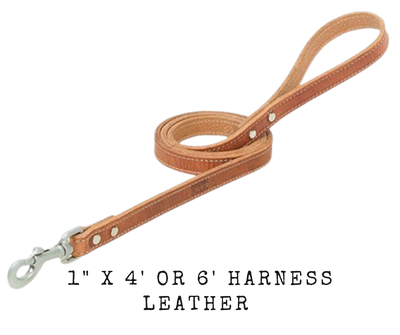 Heavyweight buttered Hermann Oak® harness leather stands the test of time, making it the trusted choice for your dog’s leash. Wheat stitching and aluminum-finished hardware complement the strength of these dog leashes for unparalleled quality.  Choose 4' or 6' length. Available at our Smyrna, TN shop just outside Nashville.   