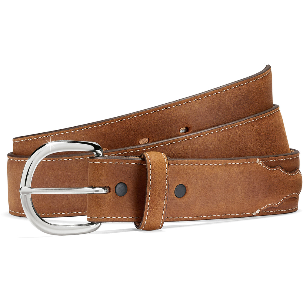This fine brown leather belt by Justin is made from layered leather without added fillers. It is made from lighter brown leather and is 1 3/8" wide. The Billet ends have layered decorative edge sewn in place, white stitching is along edges of layers and edges of belt. A changeable chrome colored brass buckle with rounded edge for closure. Available in our retail shop in Smyrna, TN, just outside Nashville. Handcrafted in USA from imported materials. Available in sizes 34"-46".