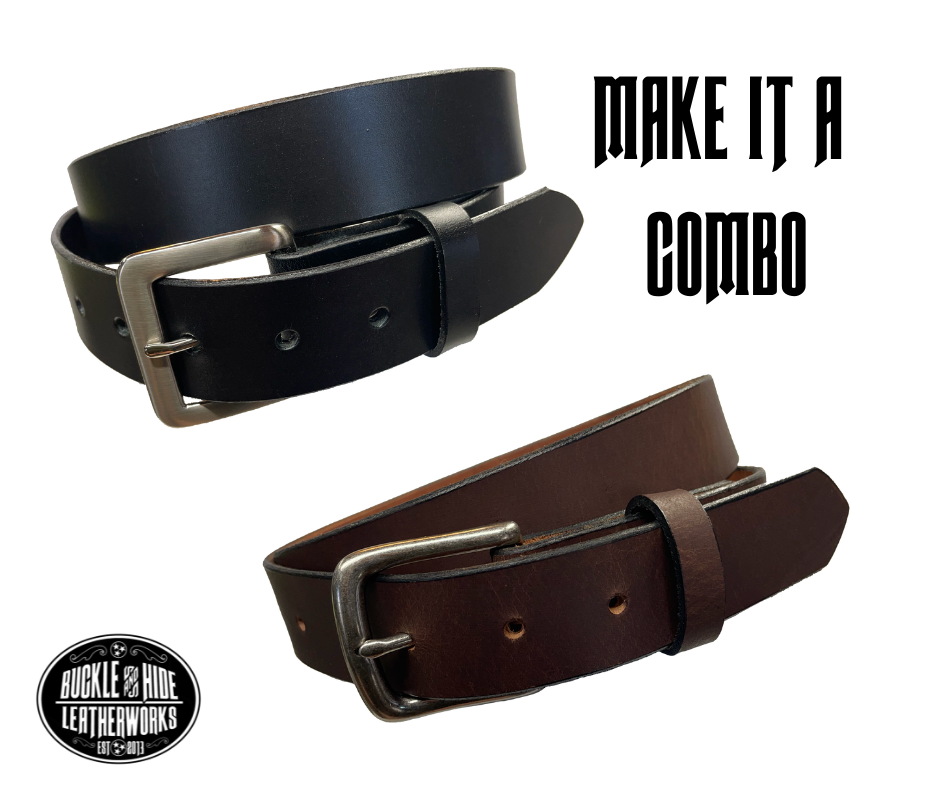 This handmade, real leather belt starts with a drum dyed (colored all the way through)  8-9oz leather belt strip that's just under and eighth of an inch thick and comes with an Antique Silver colored buckle that is snapped in for easy removal.   It is handmade in our Smyrna, TN shop, which is located just outside of Nashville.  This full grain leather has a classic semi-gloss finish that looks great dressed up or down.  It is 1 1/4" wide and available in sizes 34" to 44". 