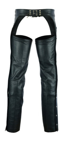 The Rally Jean Pocket style Unisex Leather Chaps are perfect for motorcycle riding in milder weather. They have a nylon liner down to the knee. Soft cowhide riding chaps with a belt closure with a lace waist adjustment in the back. Zipper runs down the outer leg from hip to just below knee, snaps run rest of leg length. They are available for purchase in our shop in Smyrna, TN, just outside of Nashville. Price Includes Length and belt adjustment if needed.