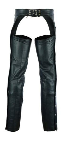 Jean pocket black leather chaps are made from soft, milled cowhide and are perfect for motorcycle riding in milder weather.  They have a nylon non-removable liner down to the knee. They have a belt closure with a lace waist adjustment in the back.  Zipper runs down the outer leg from hip to just below knee, snaps run rest of leg length.  They are available for purchase in our shop in Smyrna, TN, just outside of Nashville