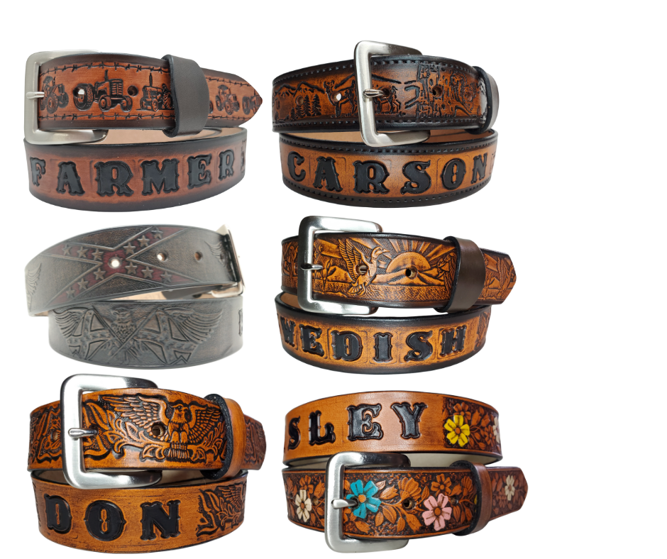 Some of our Custom Name belts with outdoor and Patriotic themes