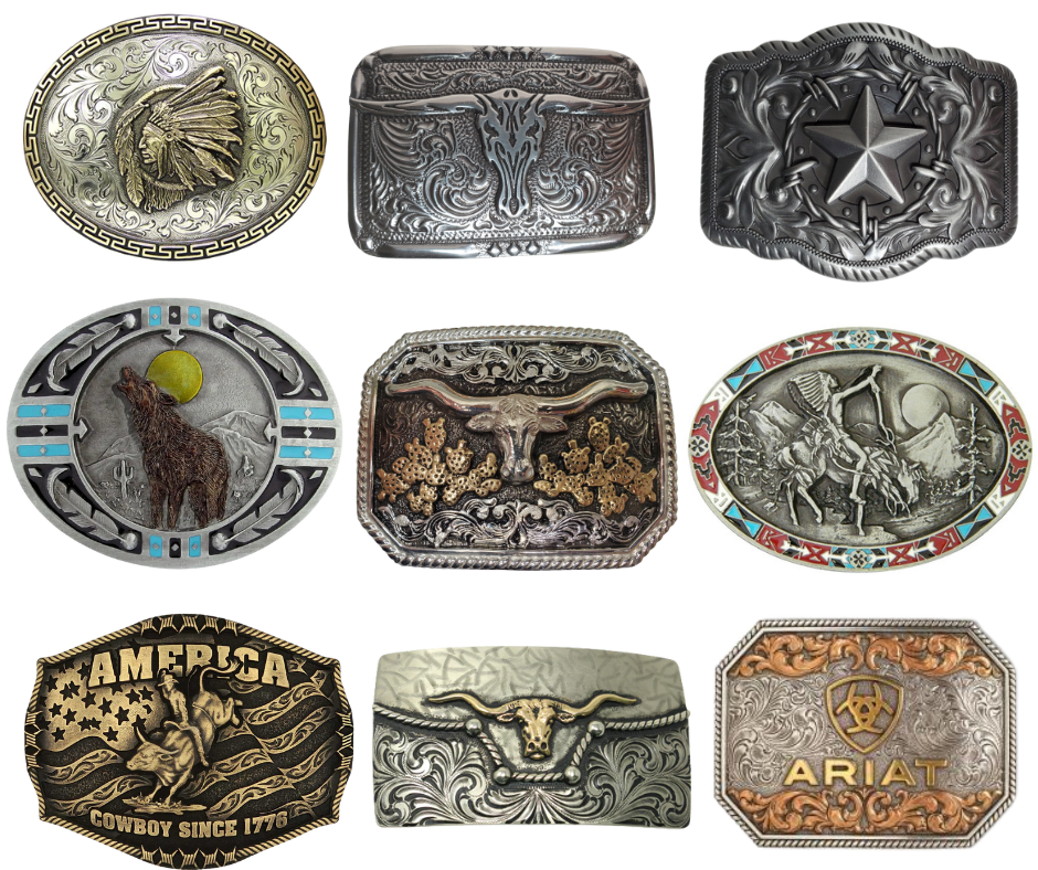 WESTERN OVAL BUCKLES WITH LONGHORNS,STARS, ARIAT,AND MUCH MORETH 