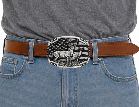 An antiqued silver tone cast buckle with a male and female pair of deer figures standing at attention in the midst of a grassy field. The stars-n-stripes serve as a patriotic backdrop to the animals. The buckle is finished with a smooth wire notched edge with the notches filled with beads. Standard 1.5 inch belt swivel. Available at our shop just outside Nashville in Smyrna, TN. Dimensions: Width 4.00" Height 3.00" Length 0.75"
