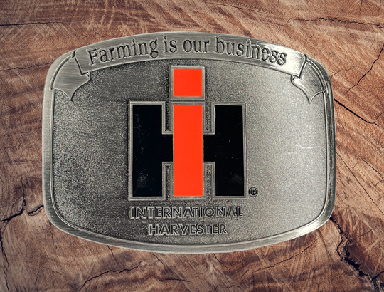 Curved Rectangle Shape Licensed International Harvester Buckle Fits 1 1/2 inch wide belts Approx. size 2 3/4"H x 3 3/4"W