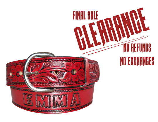 "The Red Dogwood" Name Leather Belt "Quick Ship" CLOSEOUT!