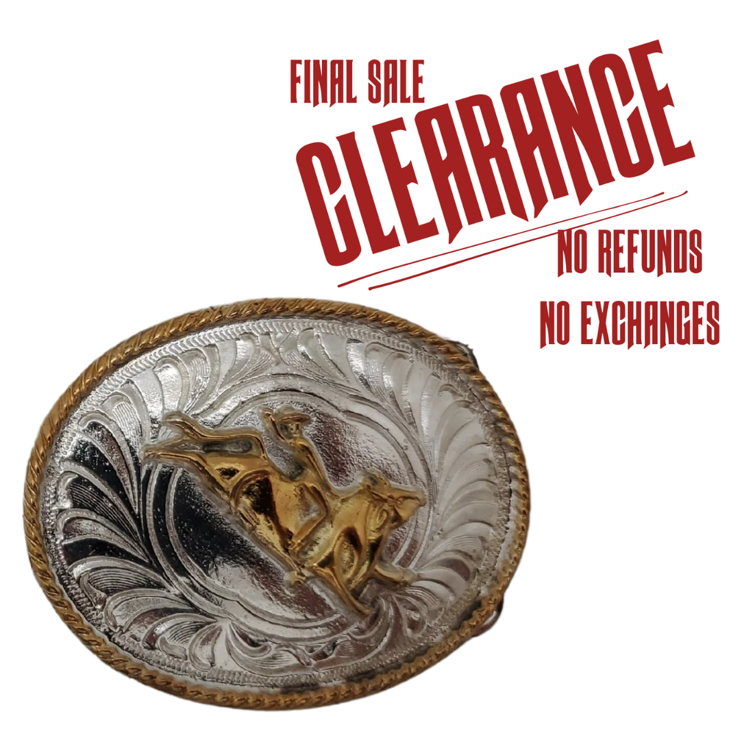 For the boy or girl that wants a buckle like Dad or Mom. It's smaller 2"x 2 1/2" size is great for smaller bodies and will fit up to a 1 1/4" belt strap. It's plated nickel and gold tone looks just like a real Trophy buckles that all Rodeo stars win. Imported from Mexico.&nbsp;
