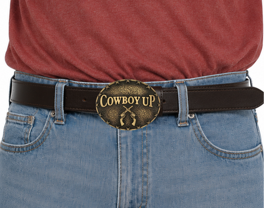 Saddle up with the Cowboy Up Attitude Buckle. This buckle features the words "Cowboy Up" with two crossed revolvers underneath. Unique barbed wire designs adorn the edge of the buckle with additional antiquing near the edge. Fits 1.5 inch belts. Find it online or at our shop just outside Nashville in Smyrna, TN. By Montana Silversmith Approx. 4" x 3" Brass over white metal alloy. Protective coating.