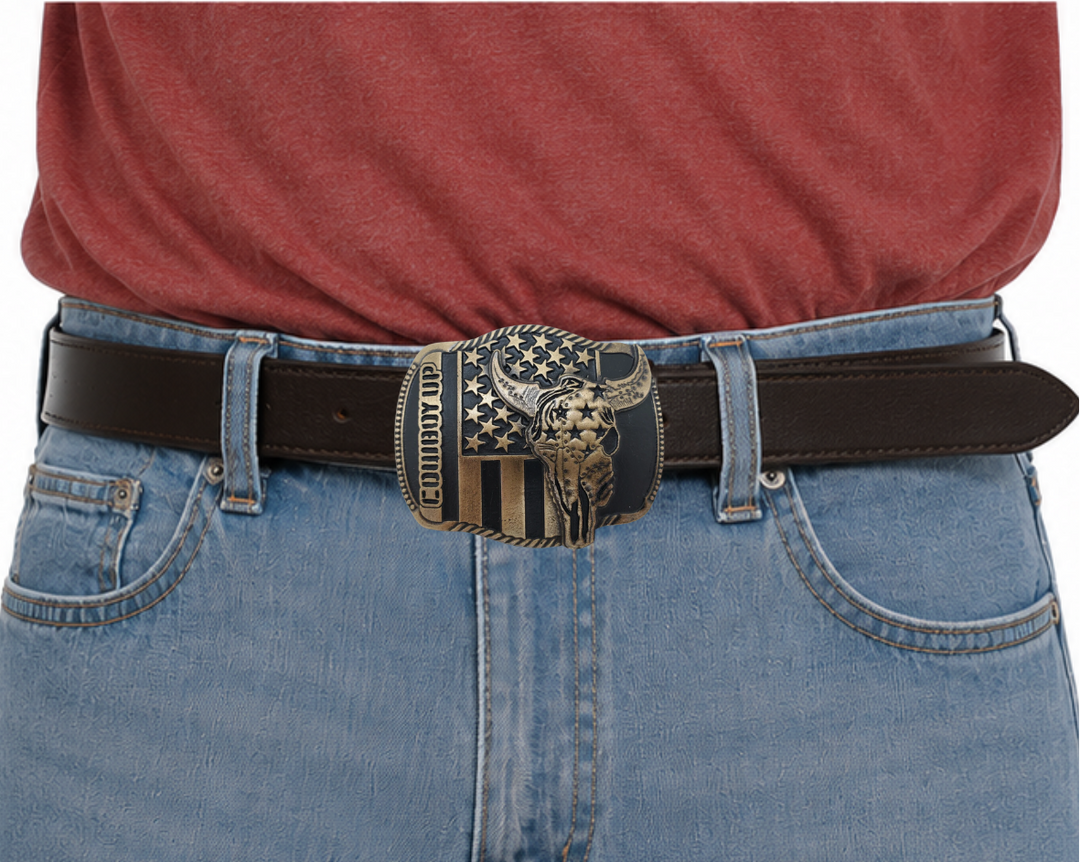 The "Braxton" Belt Buckle is a brass colored oval featuring a Buffalo Skull and a Patriotic USA flag, representing the well-known Rodeo term, "COWBOY UP." It is designed to fit a Standard 1.5 belt and measures approximately 4" x 3". Come visit our shop just outside Nashville in Smyrna, TN to get yours today!