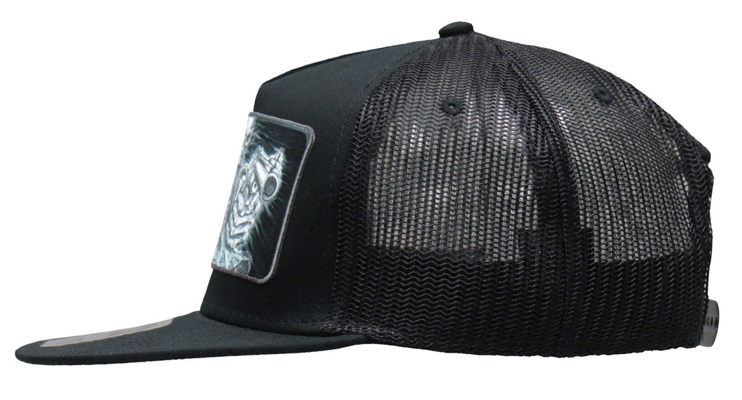Side view - Assassin Rider Patch flat bill Snap Back Hat. Its a cotton/polyester blend helps the hat hold its shape for long time use. Otto Brand mesh style back hat with a plastic adjustable tab. Ride to our Smyrna, TN shop not far from Murfreesboro.