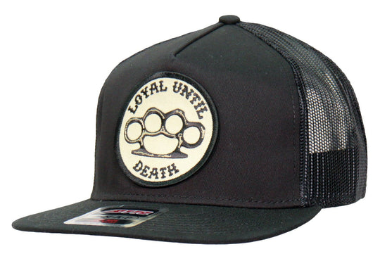 Side view - Loyal Until Death Patch flat bill Snap Back Hat. Its a cotton/polyester blend helps the hat hold its shape for long time use. Otto Brand mesh style back hat with a plastic adjustable tab. Ride to our Smyrna, TN shop not far from Murfreesboro.