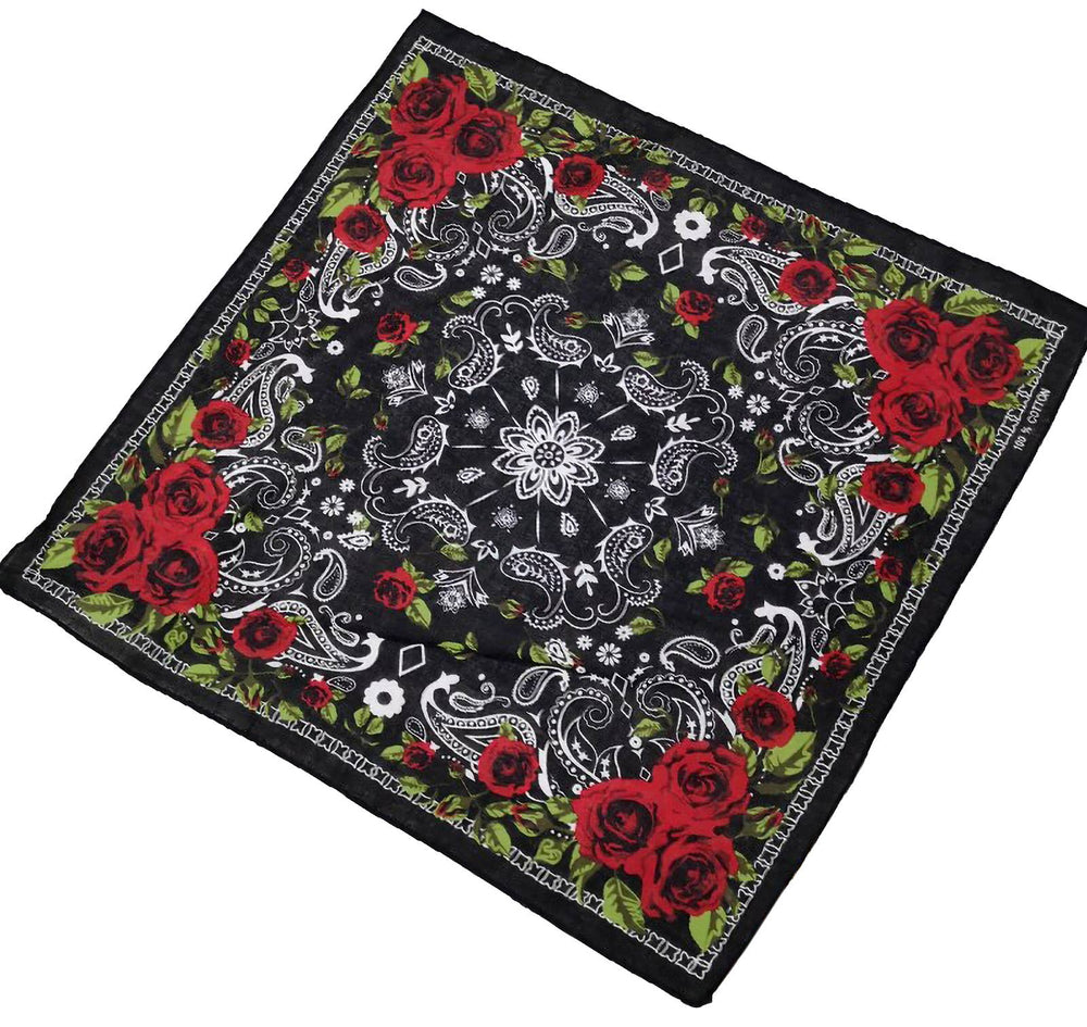 Paisley Rose Floral Print Cotton Square Bandana. Our bandanas are fashion chameleon that can be worn as a stylish and versatile head wrap, a protective face mask, or a classic hanky scarf. In Stock at our Smyrna, TN shop not far from Murfreesboro.

Dimensions: 21.5" * 21.5" (55 cm * 55 cm)
100% Cotton