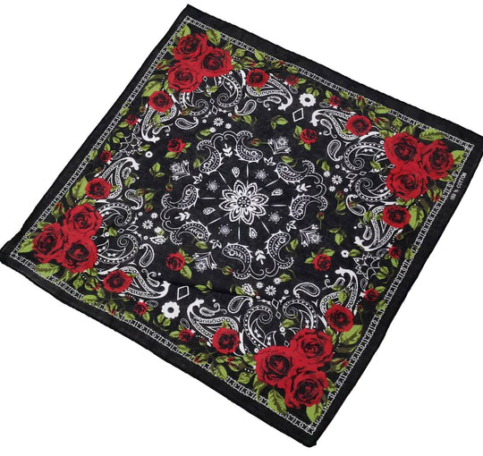 Paisley Rose Floral Print Cotton Square Bandana. Our bandanas are fashion chameleon that can be worn as a stylish and versatile head wrap, a protective face mask, or a classic hanky scarf. In Stock at our Smyrna, TN shop not far from Murfreesboro.

Dimensions: 21.5" * 21.5" (55 cm * 55 cm)
100% Cotton