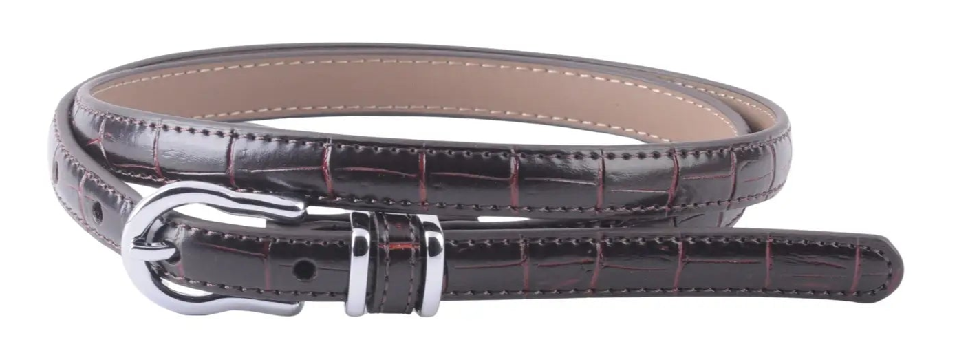 Add a polished finish to any look with this skinny embossed Croco belt with a silver equestrian-style buckle. Designed for versatility, this belt adds a touch of sophistication to jeans, dresses, and tailored pieces alike. Slim and structured, it’s a go-to accessory for boutique collections seeking an elevated and preppy classic. Available now at our Smyrna, TN location near Murfreesboro. Imported