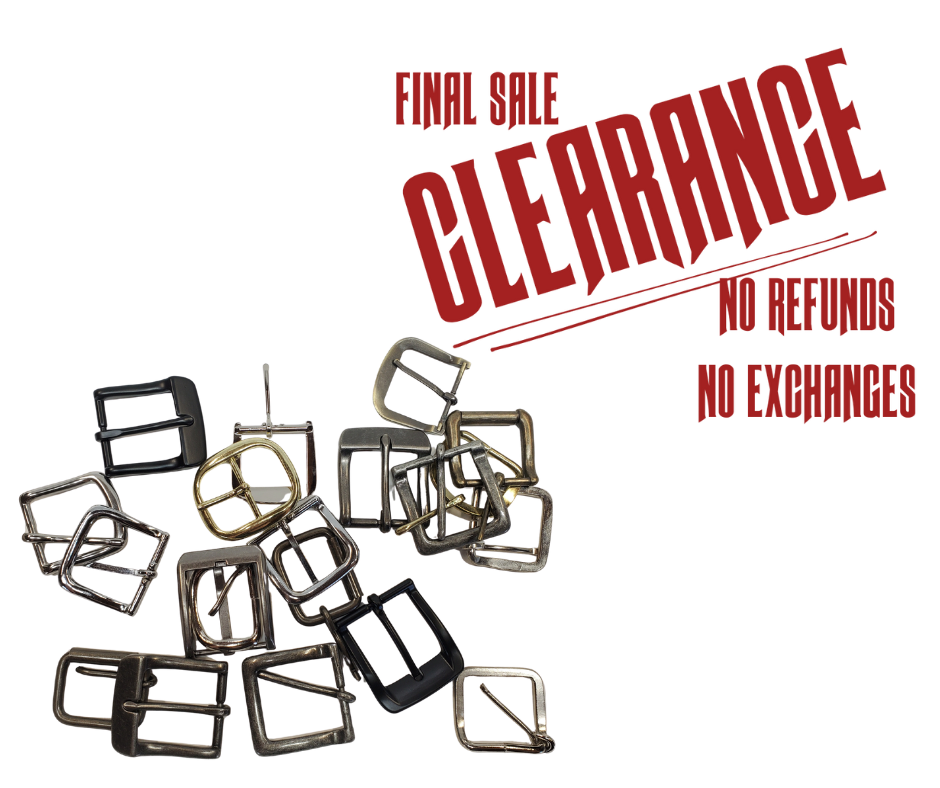 Just cleaning out our buckles. Some we bought for belts, some were samples, some we just have decided not to use anymore. Asst. 1 1/4" only in this bag, we tried to sort them as evenly as possible. While they last at our Smyrna, TN shop.

20 asst. style buckles
Heel and center bar styles
No returns or exchanging
