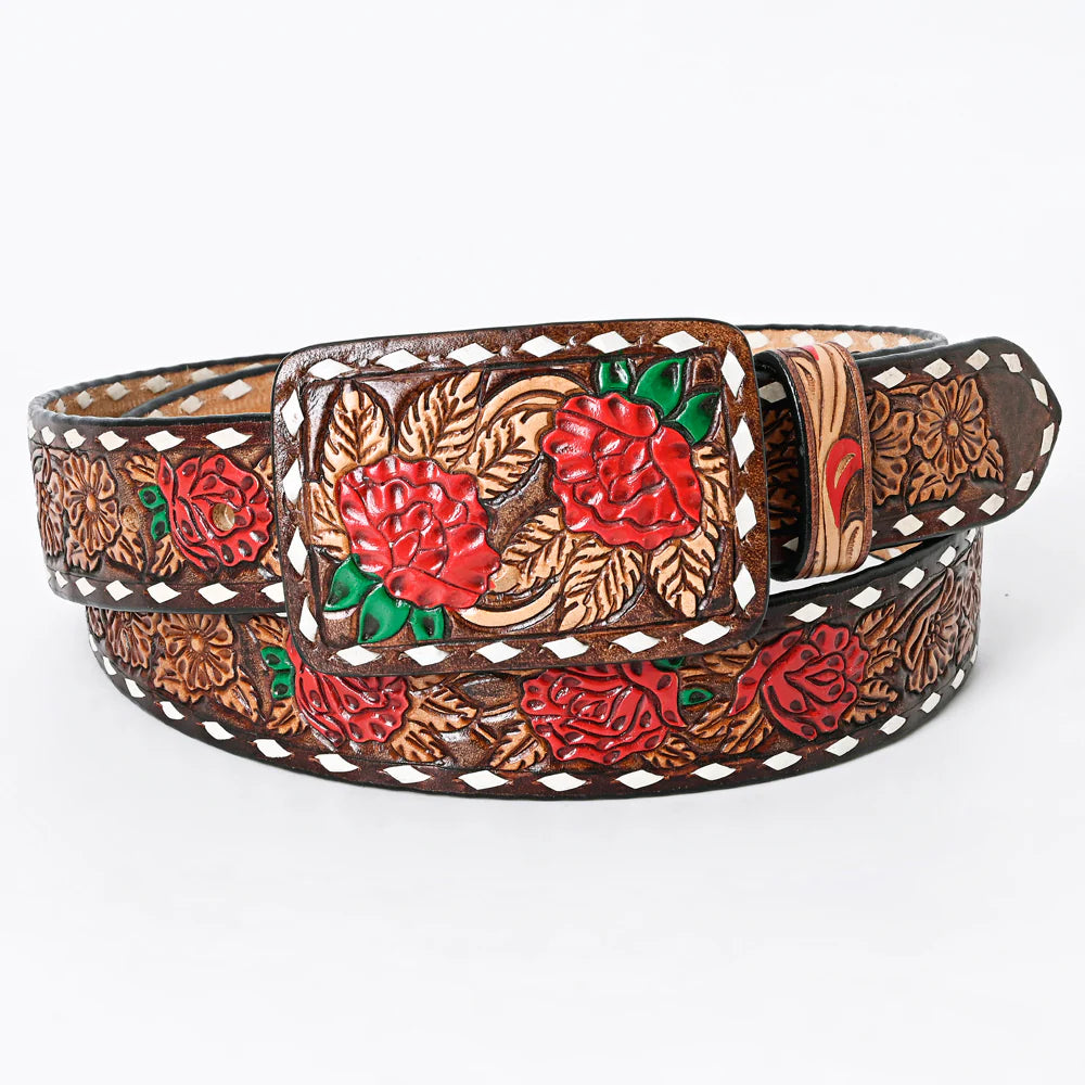 This all veg-tan Leather belt boasts a Timeless Rose floral design complete with White buck lacing down the edge. The roses are colored in Red accented with green leaves completed with a brown edge, natural center . The Matching leather belt buckle can be easily removed and changed thanks to the screw post closure. Whether you choose to shop online or visit our Smyrna, TN store, not far from Famous downtown Nashville. Imported.