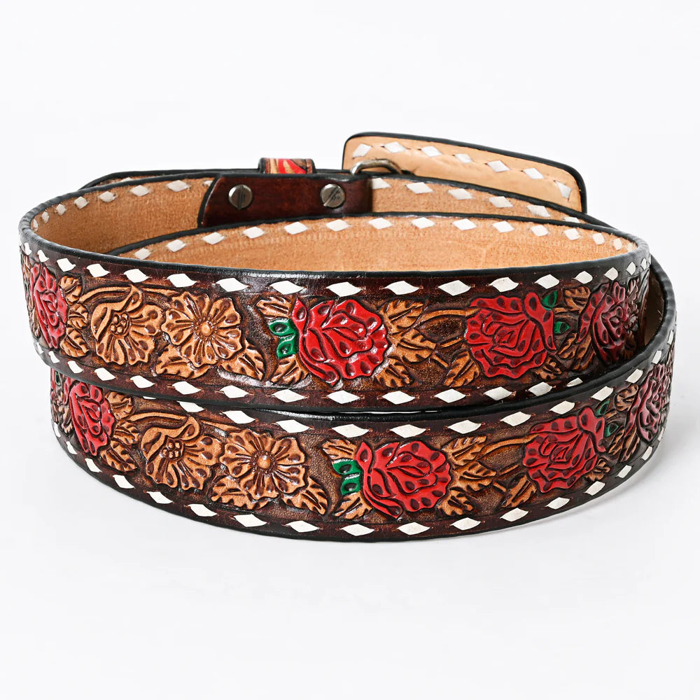 This all veg-tan Leather belt boasts a Timeless Rose floral design complete with White buck lacing down the edge. The roses are colored in Red accented with green leaves completed with a brown edge, natural center . The Matching leather belt buckle can be easily removed and changed thanks to the screw post closure. Whether you choose to shop online or visit our Smyrna, TN store, not far from Famous downtown Nashville. Imported.