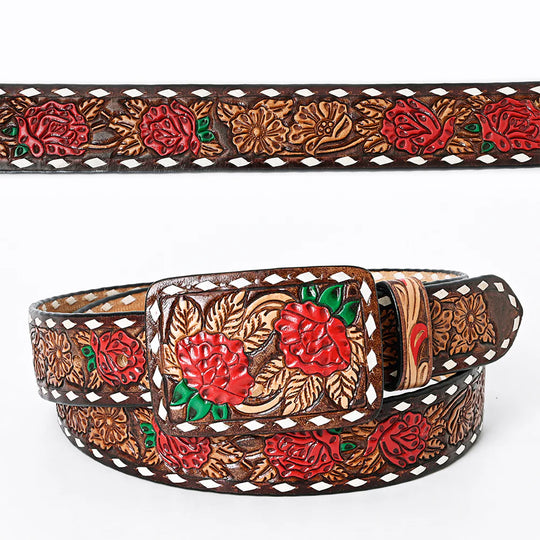 This all veg-tan Leather belt boasts a Timeless Rose floral design complete with White buck lacing down the edge. The roses are colored in Red accented with green leaves completed with a brown edge, natural center . The Matching leather belt buckle can be easily removed and changed thanks to the screw post closure. Whether you choose to shop online or visit our Smyrna, TN store, not far from Famous downtown Nashville. Imported.