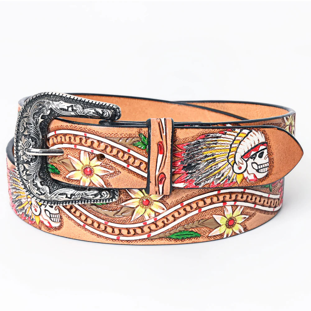 This all veg-tan Leather belt boasts a classic Western design, complete with a tooled Chief Skull/Flower design painted with bright colors . The stylish belt buckle, influenced by the Western aesthetic, can be easily removed and changed thanks to the screw post closure. Whether you choose to shop online or visit our Smyrna, TN store, not far from Famous downtown Nashville. Imported.