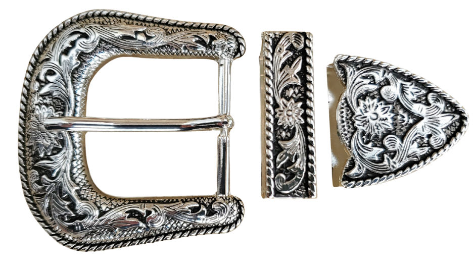 Fits 1 1/2" width belts
Western scroll design
Zinc die cast set, Antiqued silver plate

Sold by set only, Tip includes 2 set screws for attaching to belt
Stocked at our Smyrna, TN shop